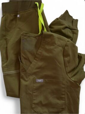 Figs Olive Scrub Top and Pants with Neon Drawcord
